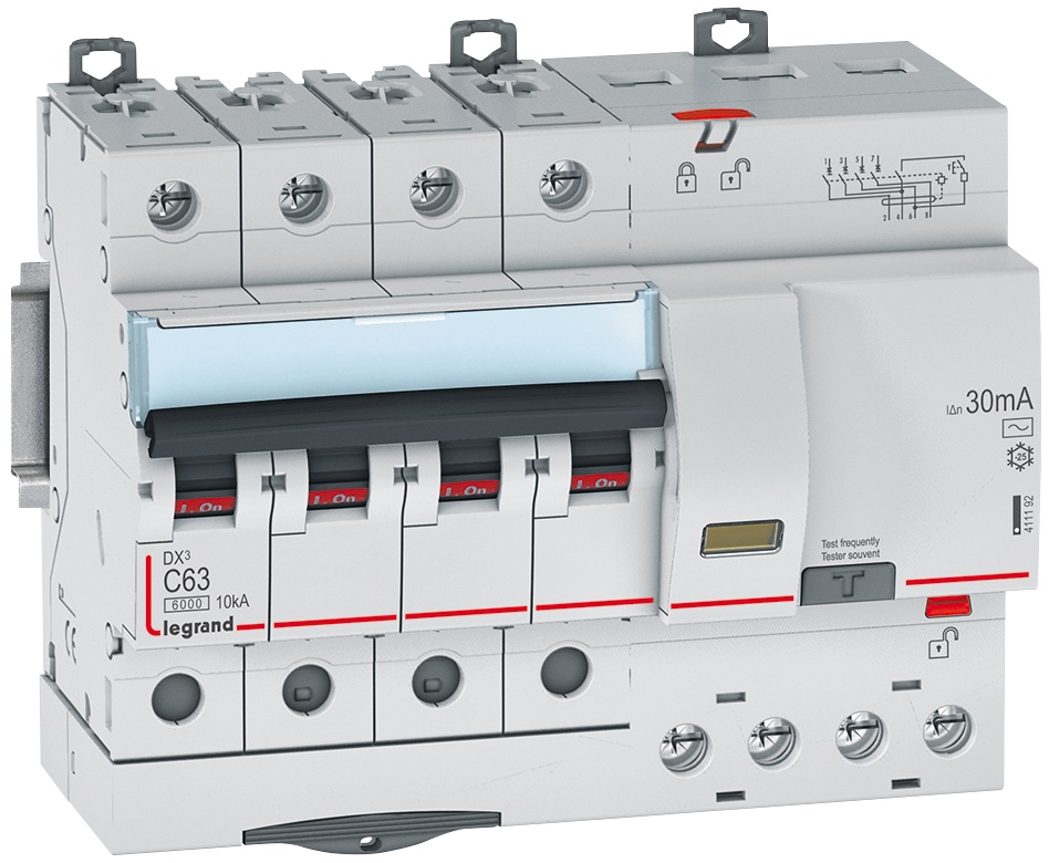 Disj. diff monobloc DX³6000 10kA arrivée haut/départ bas vis 4P 63A typeAC 30mA