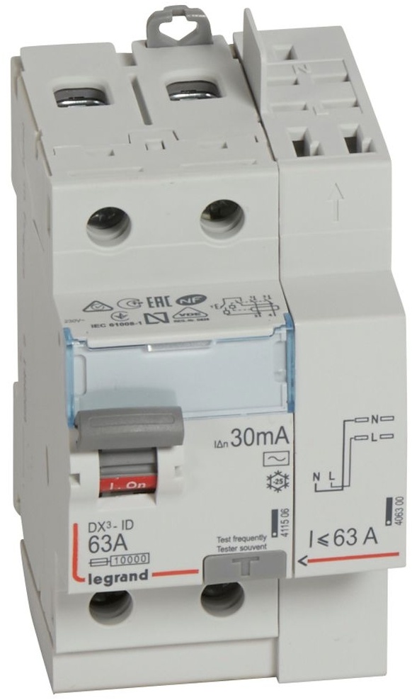 Interrupteur différentiel DX³-ID haut vis/haut auto 2P 230V~ 63A AC 30mA - 3 mod