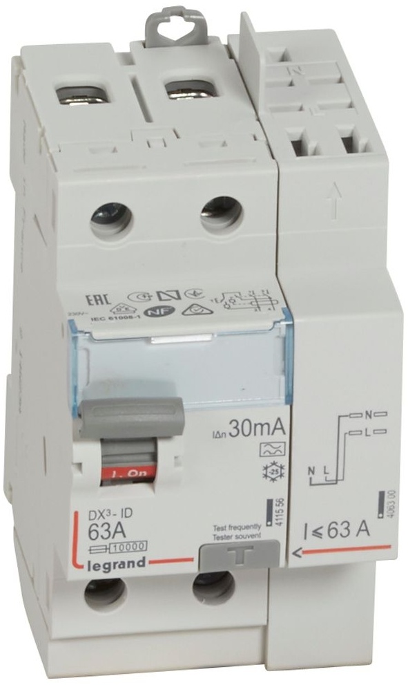 Interrupteur différentiel DX³-ID haut vis/haut auto 2P 230V~ 63A A 30mA - 3 mod