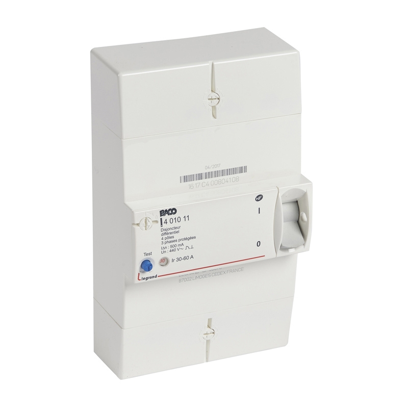 Disjoncteur branchement Enedis 4P tétrapolaire diff 500mA instantané - 60A