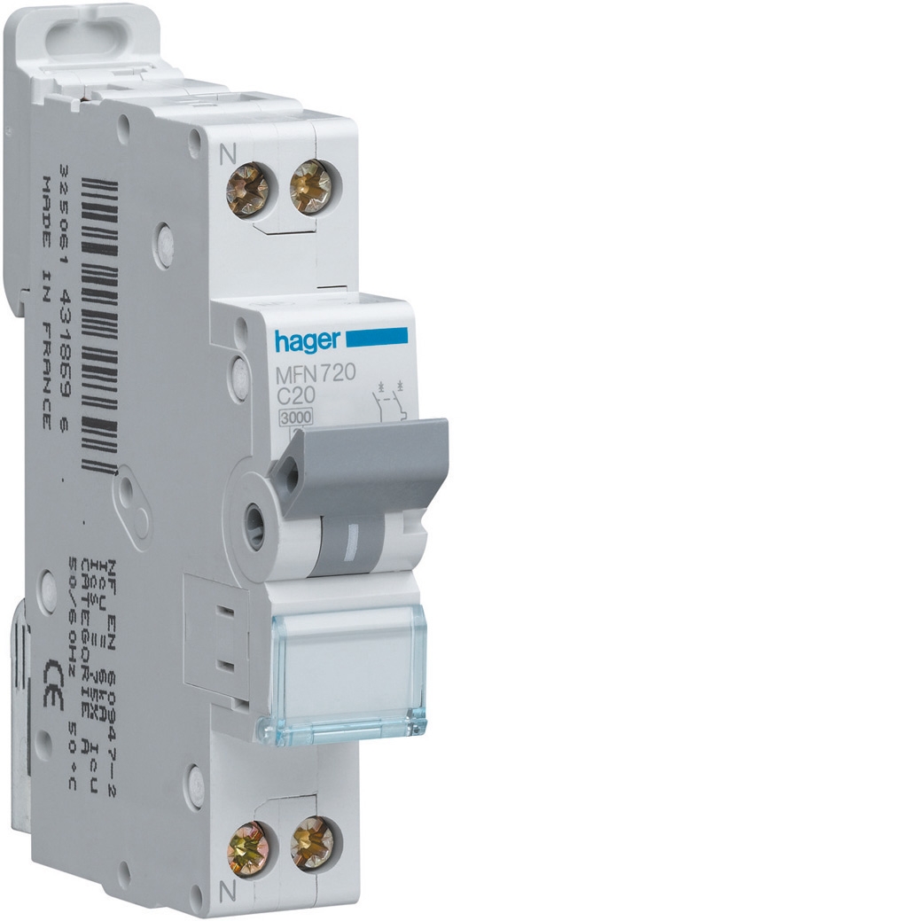 Disjoncteur Phase + Neutre 20A 3kA Courbe C bornes à vis 1 Module
